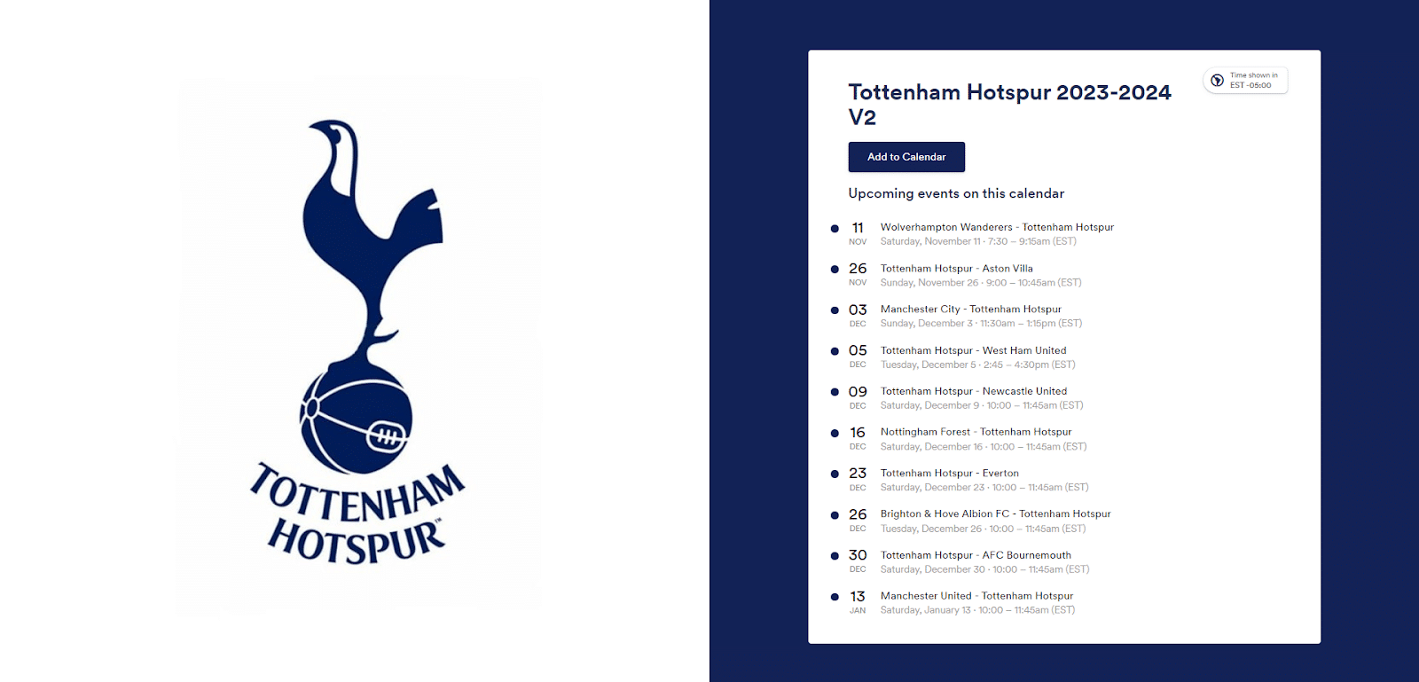Tottenham scehdule for the 2024 - 2024 year