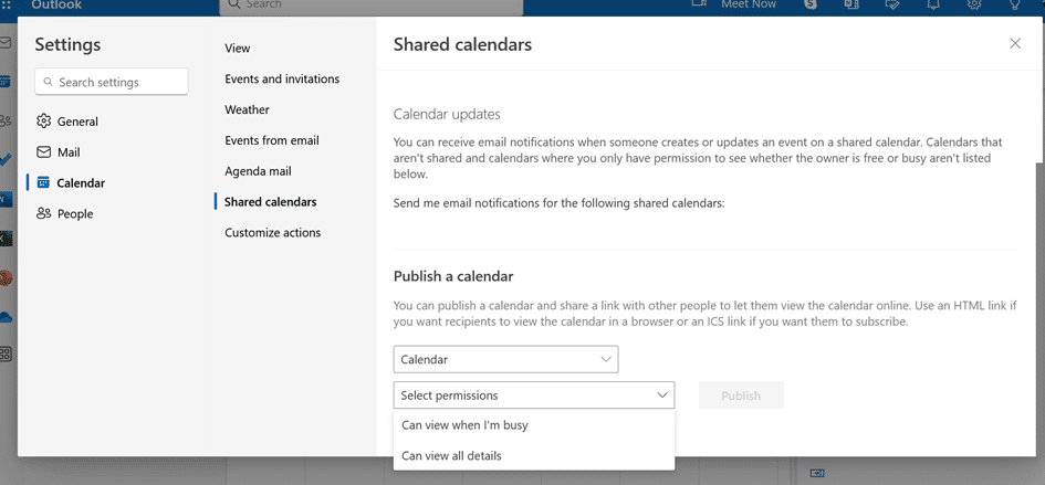 Shared calendar details on Outlook